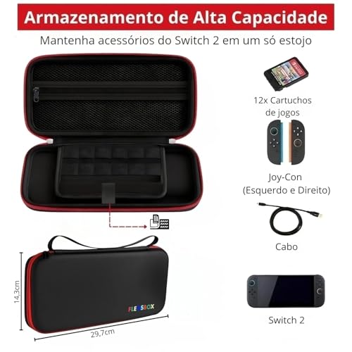 Case para Nintendo Switch 2, Bolsa de Transporte e Proteção FLENSBOX - Capa Antichoque Com Alça Portátil Resistente a Água Espaço Para 12 Jogos e Acessórios