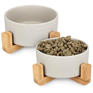 Navaris Comederos para Perros elevados – 2X Comedero de cerámica para Perro y Gatos Cachorros – con Soporte de bambú Antideslizante – en Gris