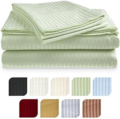 Crystal Trading 4-Piece Bed Sheet Set - Dobby Stripe - 100% Cotton Sateen - 400 Thread Count (Queen, Sage)
