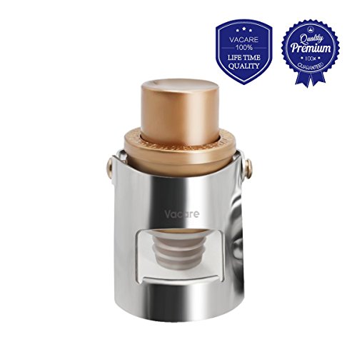 Click Here to See More Images Vacare Champagne Stopper - Stainless Steel Tight Leak-Proof Lock Clip Bottle Sealer - Pumpable Pressure Type Fizz Preserver - Sparkling Wine Saver
