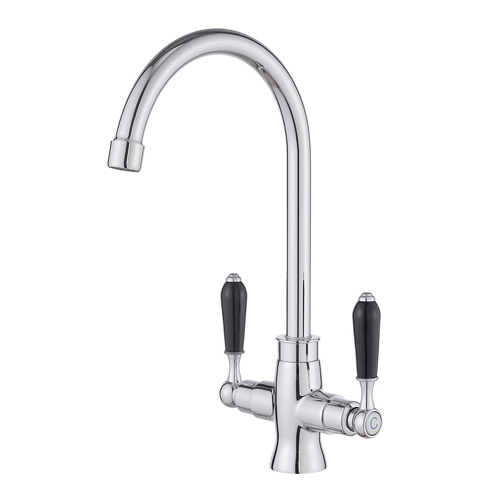 Heable Kitchen Sink Mixer Tap Elegant Black Ceramic Dual Lever Monobloc Swivel Spout Chrome Kitchen Taps with UK Standard Fittings