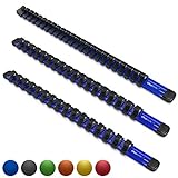 Olsa Tools 3 Pcs Kit Aluminum Sockets Organizer | 1/4-Inch Drive x 20 Clips, 3/8-Inch Drive x 18 Clips, 1/2-Inch Drive x 16 Clips | Premium Quality Tool Holder (Blue)
