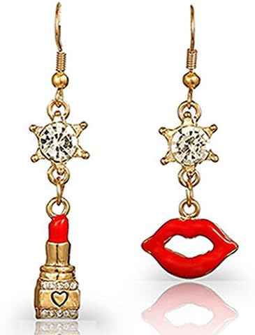 Alvak Crystal Rhinestone Gold Tone Lipstick&amp; Red Lip Earrings(HER64)