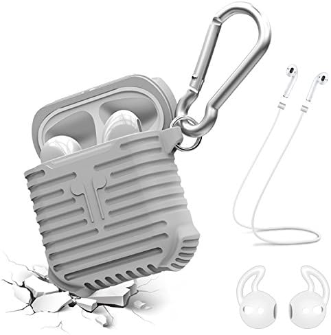 MRPLUM Apple Airpods Case 4 in 1 Protective Airpods Accessories Kits Shockproof Soft Silicone Skin Cover Compatible with Air Pods Charging Case with Carabiner/Earbuds Ear Hook/Tips/Staps (Grey)