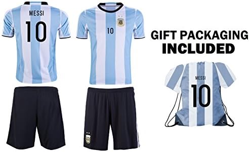 JerzeHero Argentina Messi #10 Kids Youth Soccer Gift Set ✓ Soccer Jersey ✓ Shorts ✓ Jersey Drawstring Bag ✓ Home or Away ✓ Short Sleeve or Long Sleeve (YXXS 2-4 yrs, Home Short Sleeve)