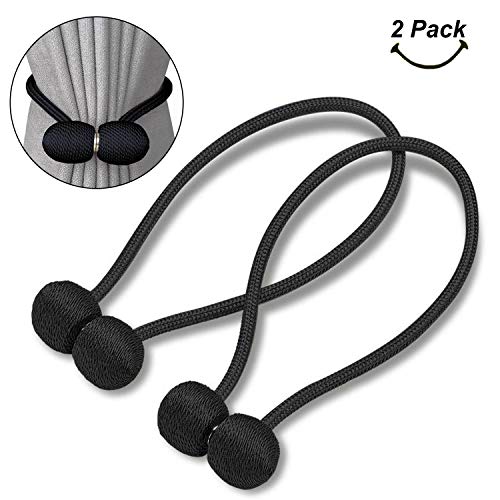 SmallDot Magnetic Curtain Tiebacks, 16 Inch Window Holdbacks Drapes Holders Hooks, Decorative Weave Rope Clips Strong Magnet for Home Office Restaurant Décor, Pack of 2, Black