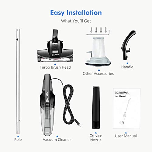 Yantop 2-in-1 Stick & Handheld Vacuum Cleaner, 15kPa Powerful Suction Hand Vacuum Lightweight Corded Pet Hair Eraser with Wheeled Turbo Brush Head for Carpet Hard Floor