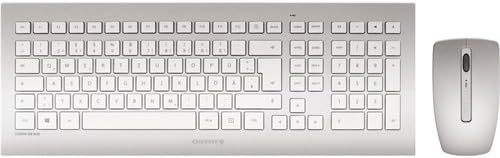 Cherry Electronics JD-0300EU Wireless Keyboard and Mouse Set, USB Receiver, 103 + 5 Key Layout, 3 Button Symmetrical Mouse, White/Silver