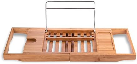 Luxury Bamboo Bathtub Tray / Shelf / Caddy with Extending Arms | Longer Lasting Durable Finish with Reinforced Frame | Spa / Bath Organizer, Book and Drink Holder