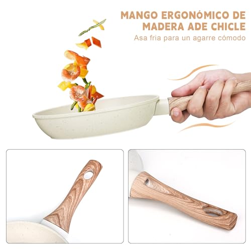 HEEDU Juego de 3 Sartenes con Recubrimiento Antiadherente, Sartén Antiadherentes de Granito Blanco, Libre de PFOS y PFOA, Apto para todas las estufas (20 cm y 24 cm y 28 cm)