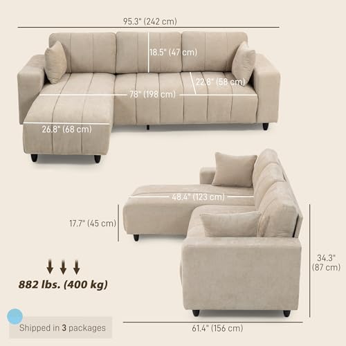 HOMCOM Sectional Couch with Changeable Chaise, Integrated Seat, 95" Large 3 Seater L-Shaped Sofa with Spring Cushion, 2 Pillows, Steel Frame, Sectional Sofa for Living Room, Beige