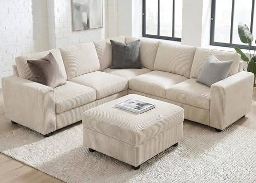 HONBAY Corduroy Sectional Sofa, 80 Inch 6 Seats L Shaped Couch with Ottoman for…