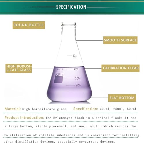 ELECDON Glass Erlenmeyer Flask Set - Graduated Borosilicate Glassware - Volumetric Narrow Neck Scientific Chemistry - Home & School Science Experiments (3 Sizes, 200, 250,500ml)