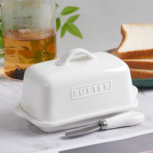 JSHKY Large Butter Dish with Lid Fits 500g or 250g Butter Block, White | Porcelain Butter Container for Countertop, Butter Storage, Gift for Mother’s Day, Thanksgiving or Christmas
