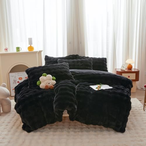 chovy Black Rabbit Plush Faux Fur Bread Grid Comforter Sets Queen - 3PC Bed Set Ultra Warm Soft Skin Friendly Flannel Velvet Fluffy Fuzzy Bedding（Comforter x 1 Pillowcases x 2）