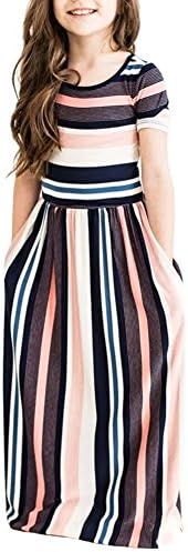 Girl's Floral Print Short Sleeve Pleated Long Swing Casual Maxi Dress with Pockets