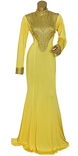 Yellow High Neck Full Sleeve Spandex Beaded Kaftan / Gown / Medium / 10418/26/291