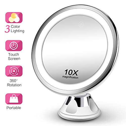 Makeup Mirror 10X Magnifying Vanity Mirror - 3 Color Modes & 36 LED Cosmetic Mirror, High Definition, Touch Control, 360°Rotation & Powerful Suction Cup for Bathroom Shower Travel