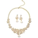 Gold Crystal Flower Shape Chain Necklace with Pearls & Matching Dangle Earrings Jewelry Set