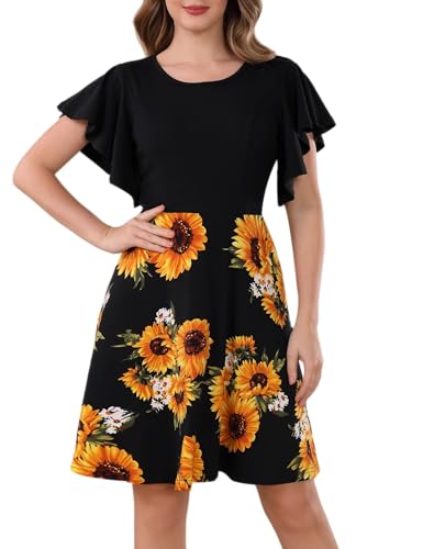Aphratti Women’s Casual Short Summer Dresses Flutter Sleeve Crew Neck Modest Fit and Flare A Line Dress