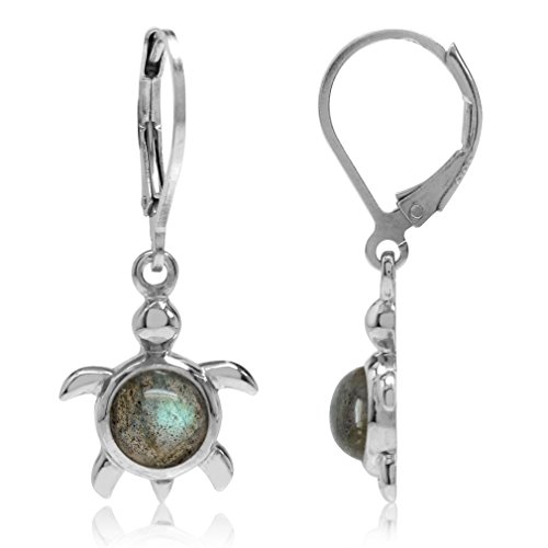 Cabochon Gemstone White Gold Plated 925 Sterling Silver Stylish Turtle Dangle Leverback Earrings Jewelry