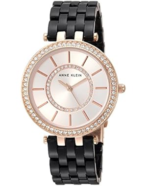 Women's AK/2620BKRG Swarovski Crystal Accented Rose Gold-Tone and Black Resin Bracelet Watch