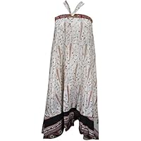 Women's Magic Wrap Skirt Beige Floral Printed Two Layer Reversible Silk Dress