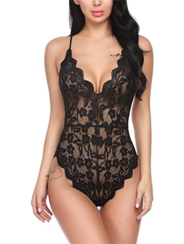 Manxing Women Sexy Teddy Lingerie Lace Babydoll Deep V One Piece Bodysuit Nightwear Lace Sleepwear