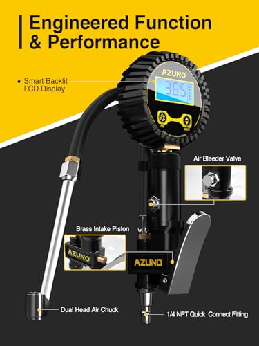 AZUNO Digital Tire Inflator with Pressure Gauge, 200 PSI, Heavy Duty Air Compressor Accessories, w/Rubber Hose Lock on Air Chuck and Quick Connect Coupler (Standard)