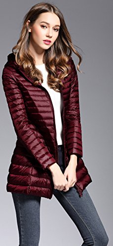 Elezay Women's Winter Light Weight Down Jacket Hooded Coat Wine M
