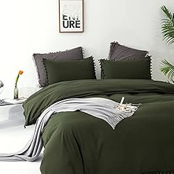 Luxlovery Army Green Pom Pom Comforter Set Queen