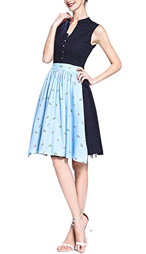 OTEN Women's Midi Dirndl Dress Rockabilly Cocktail Polka Dot & Blue Floral
