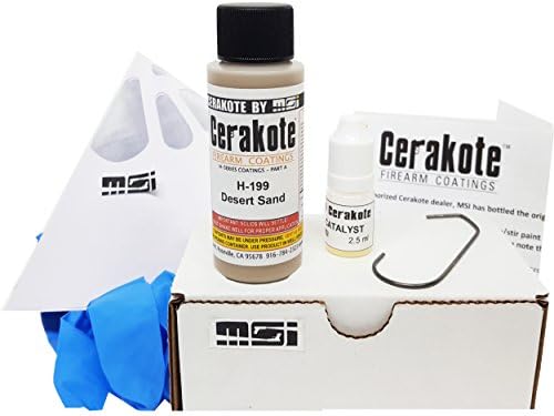 Desert Sand H-199 Oven Cure, MSI Ceramic Firearm Paint Bundle, includes 7 items: 45ml Ceramic Paint, Catalyst, Strainer, Gloves, Hanging hook, instructions and link to MSI instructional video.