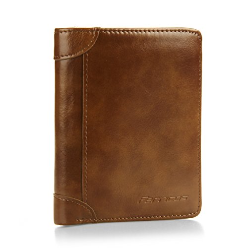 Ferricos Men Khaki Genuine Cowhide Leather vertical cross horizontal Short Purse Extra Capacity Trifold Inner Pocket Wallet Card Case Cash Coin Bag Photo Holder Gift
