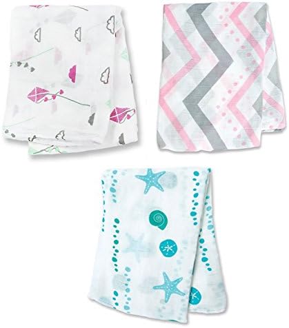 Lulujo Bamboo Rayon Muslin Swaddle Blanket, 47" x 47", 3 Pack, Girl