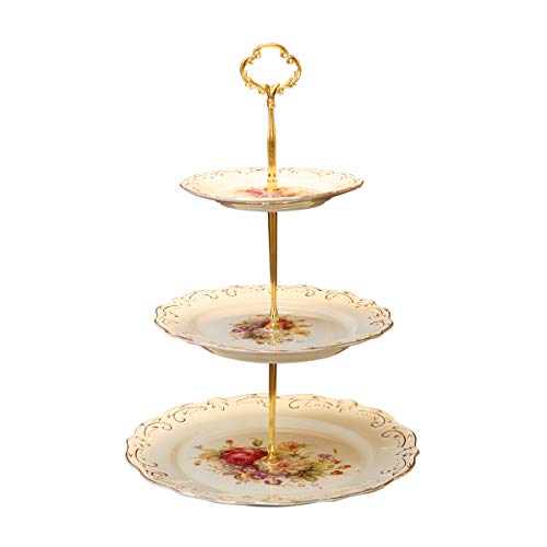 YOLIFE Flowering Shrubs Pattern 3 Tiered Cupcake Stand,Emboss Golden Leaves Edge Tea Party Pastry Tower,6-8-10 inch - Thumbnail 7