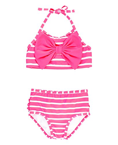RuffleButts Infant / Toddler Girls Hot Pink Striped Bow Bikini 2 piece Swimsuit - Candy/White - 6-12m