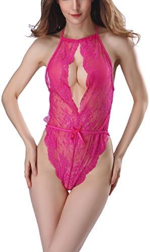 Sexy Lingerie for Women Teddy One Piece Lace Babydoll Bodysuit (Large, Rose Red)