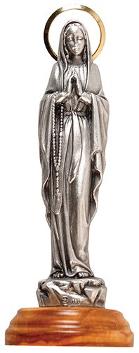 Our Lady LOURDES Medal Metal Statue with Olive Wood Base 12cm and a Pewter Double Heart Love Token Brooch 54902