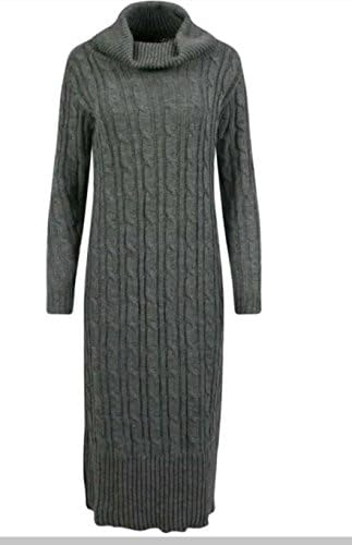 Trendy Womens Cable Knit Cowl Neck Maxi Long Sleeve Jumper Dress (Grey, Medium/Large)