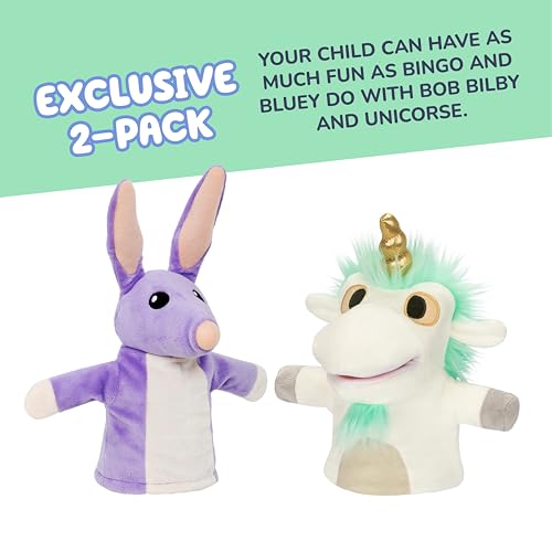 Bluey Unicorse and Bob Bilby Plush Puppet Pack of 2, 8-9”, Soft, Animal Puppets Made for Little Hands, Cuddly Puppets for Kids Ages 3+