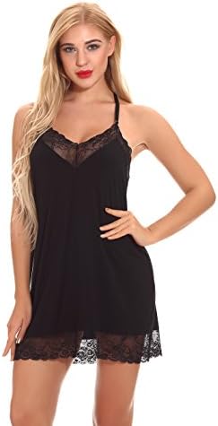 Womens Lingerie Chemise Nightgown Full Slip Sleepwear Lace Babydoll Dress Black S