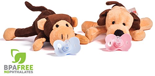 Deedee Baby Pacifier with Stuffed Animal & Detachable Pacifier Holder & Your Baby Will Love This Plush Soft Toys with Silicone Binky - Cuddly Dog & Monkey - Perfect Baby Shower Gift for Boys & Girls