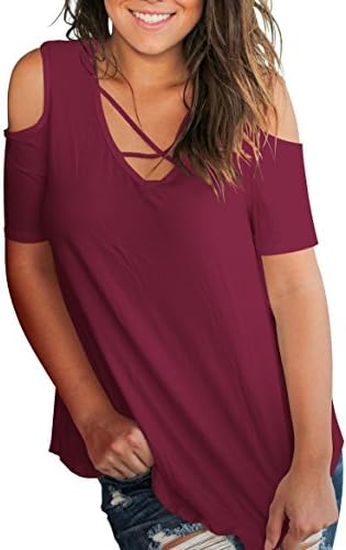 SLMMING GRIL Women's Casual T Shirt Criss Cross V Neck Cold Shoulder Tops S-XXL
