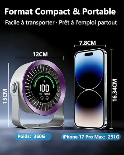 DDKJ Silent Desk Fan 20dB, 100 Speed, 360° Rotation, LED Display, 4000mAh USB-C Rechargeable Battery, 3.5-13 Hour Battery Life, Smart Operation, for Bedroom Dorm Kitchen Office