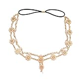 Yoyorule Pearl Tassel Flower Stretch Headband Crystal Hair Chain Gold