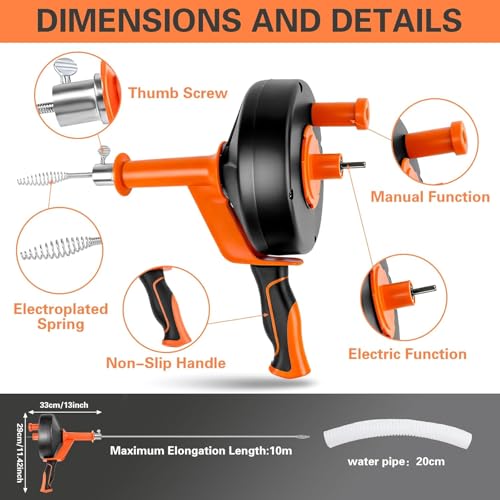 10M Professional Drain Pipe Spring for Sink and Drain, Electric & Manual Drainage Pipe with Drill Attachment for Kitchen, Bathroom, Toilet