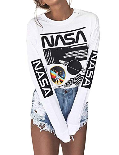 Haircloud Women Casual Long Sleeve White NASA Letter Print Round Neck Pullover Sweatshirt S