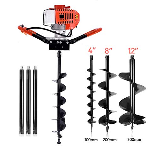 YiiYYaa 72cc 2 Stroke Post Hole Digger, 3KW Petrol Gas Powered Earth Auger with 3 Bits(4", 8", 12") and 3 Extension Rods