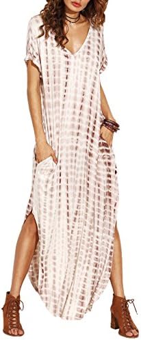 Verochic Women's Boho Casual Maxi Short Sleeve Split Tie Dye Long Dress (Coffee, Medium)